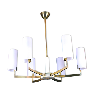 Lustre en laiton et blanc, six opalines, italie