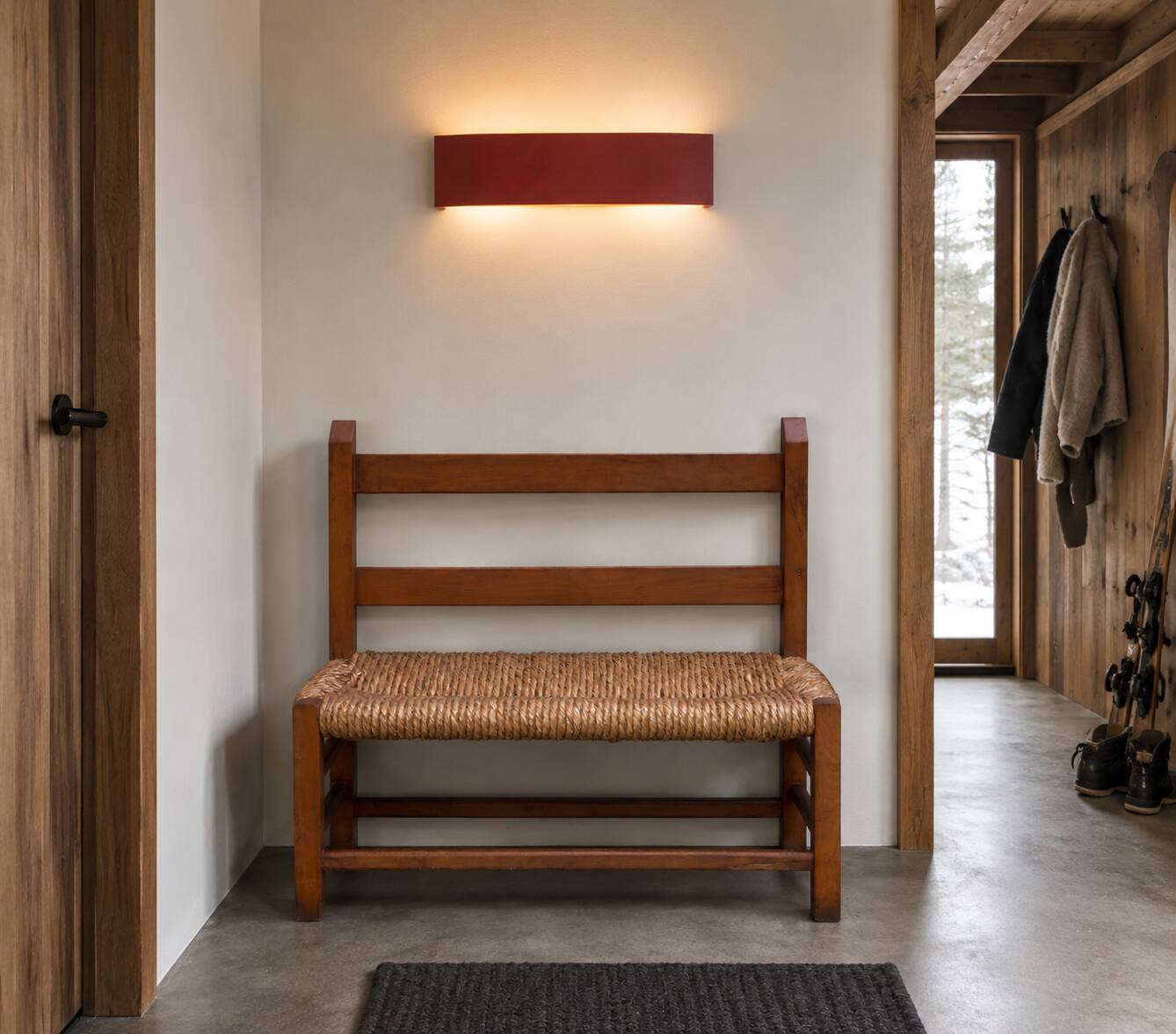 Banc avec dossier en bois assise paillée, années 70