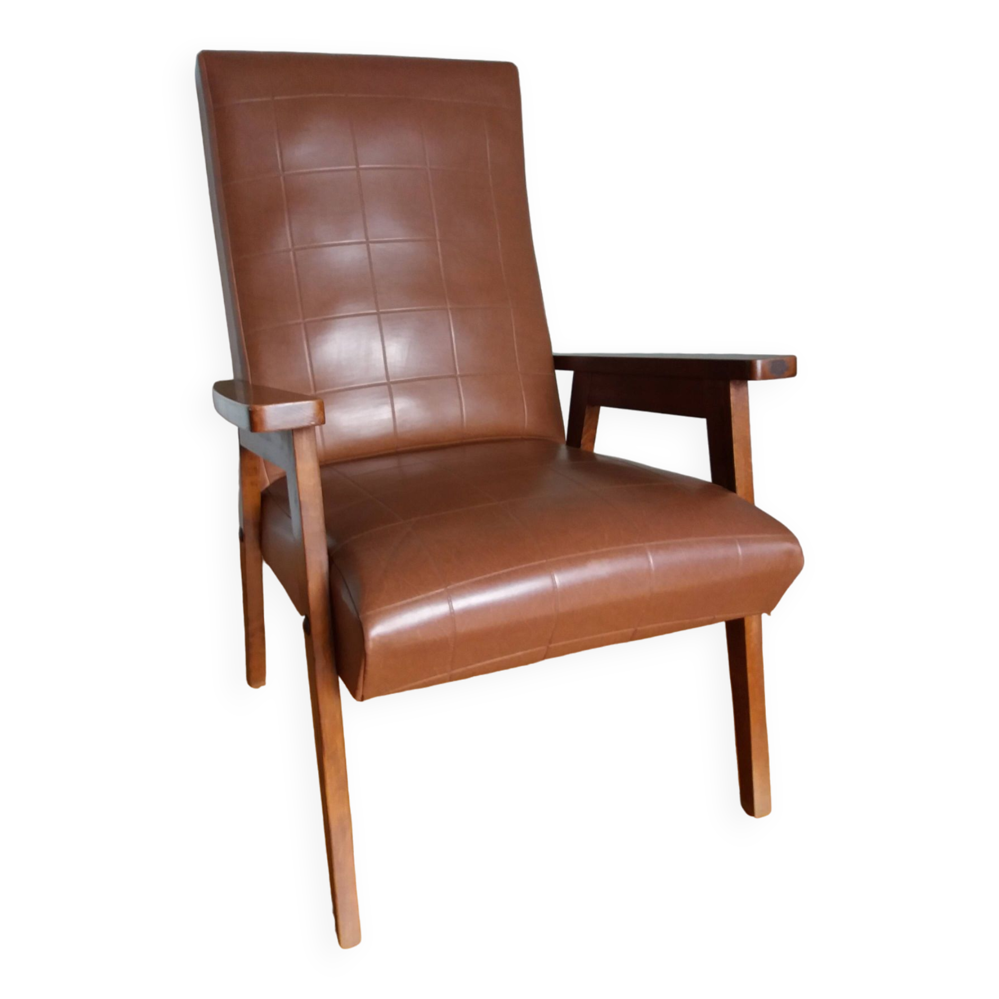 Scandinavian armchair in brown leatherette and wood