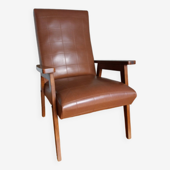 Scandinavian brown skai and wood armchair