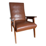 Scandinavian armchair in brown leatherette and wood