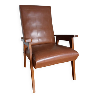 Fauteuil scandinave skaï marron et bois