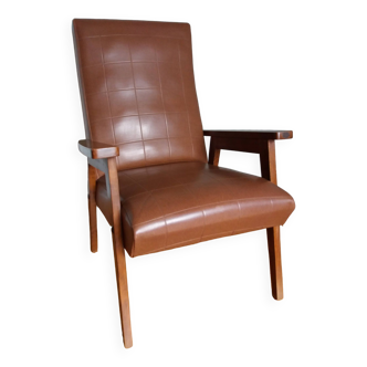 Scandinavian brown skai and wood armchair