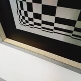 Typical silkscreen painting in kinetic checkerboard on aluminum, Italian abstract design in Vasarely style