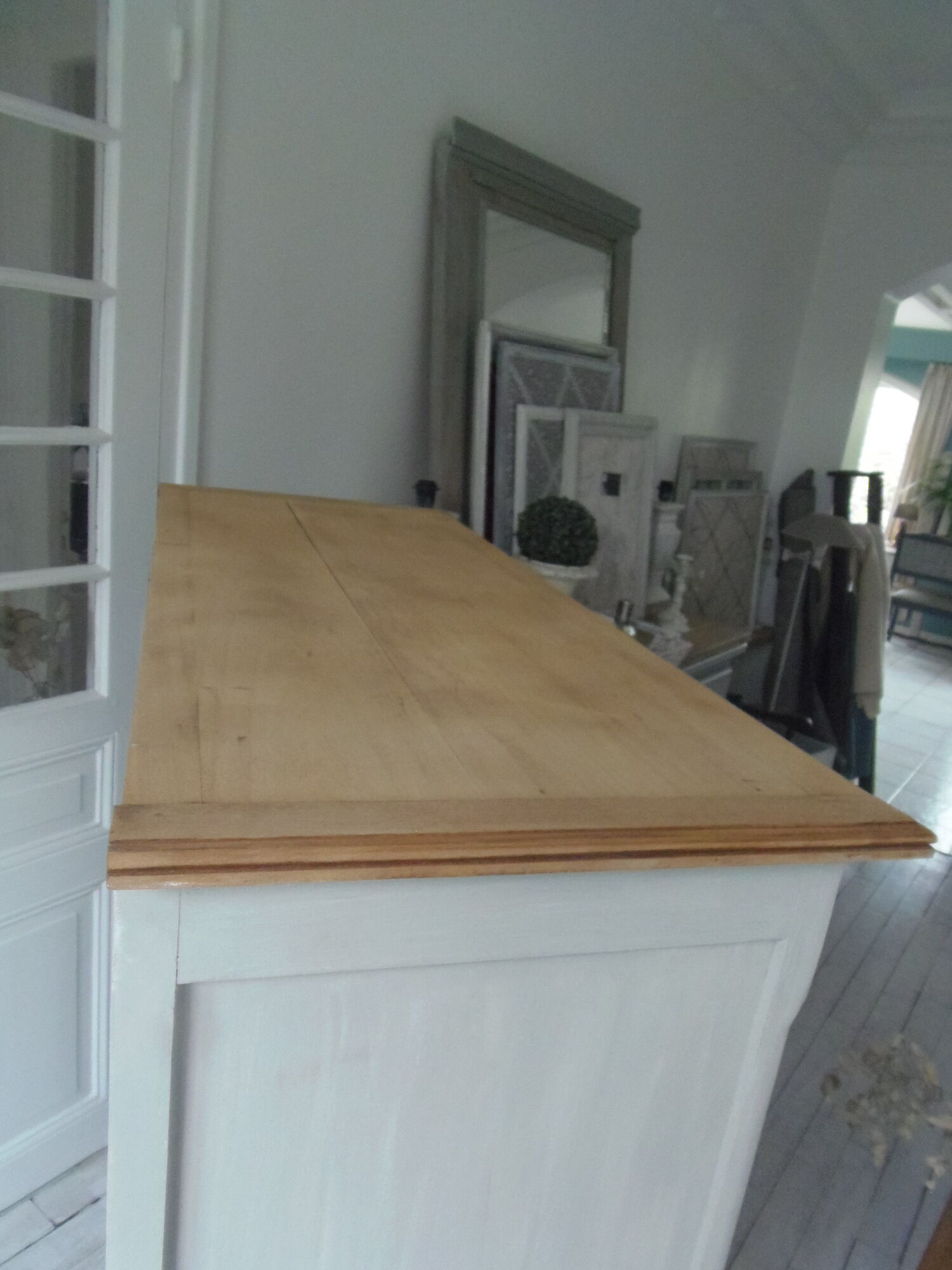 Parisian buffet patinated grey pearl powdery white, wood top waxed finish