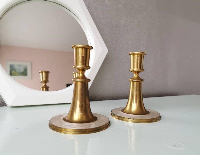 Set of 2 brass candle holders with mother-of-pearl, 1970s