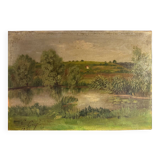 Antique painting, landscape with pond, signed and dated 1895