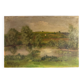 Antique painting, landscape with pond, signed and dated 1895
