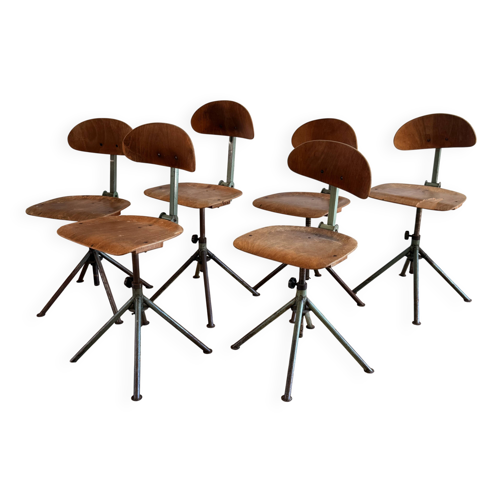 Set of 6 Antique Industrial Wooden and Metal Workshop Chairs