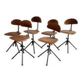 Set of 6 Antique Industrial Wood and Metal Workshop Chairs