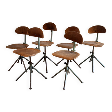 Set of 6 antique industrial workshop chairs in wood and metal.