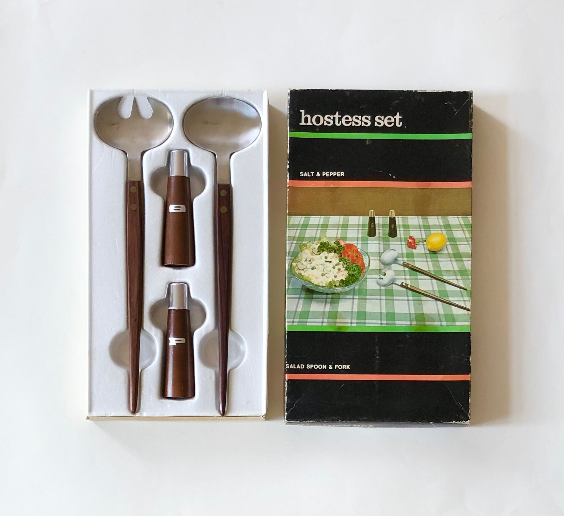 Set of Scandinavian salad cutlery, salt and pepper shaker in teak and steel