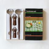 Set of Scandinavian salad cutlery, salt and pepper shaker in teak and steel