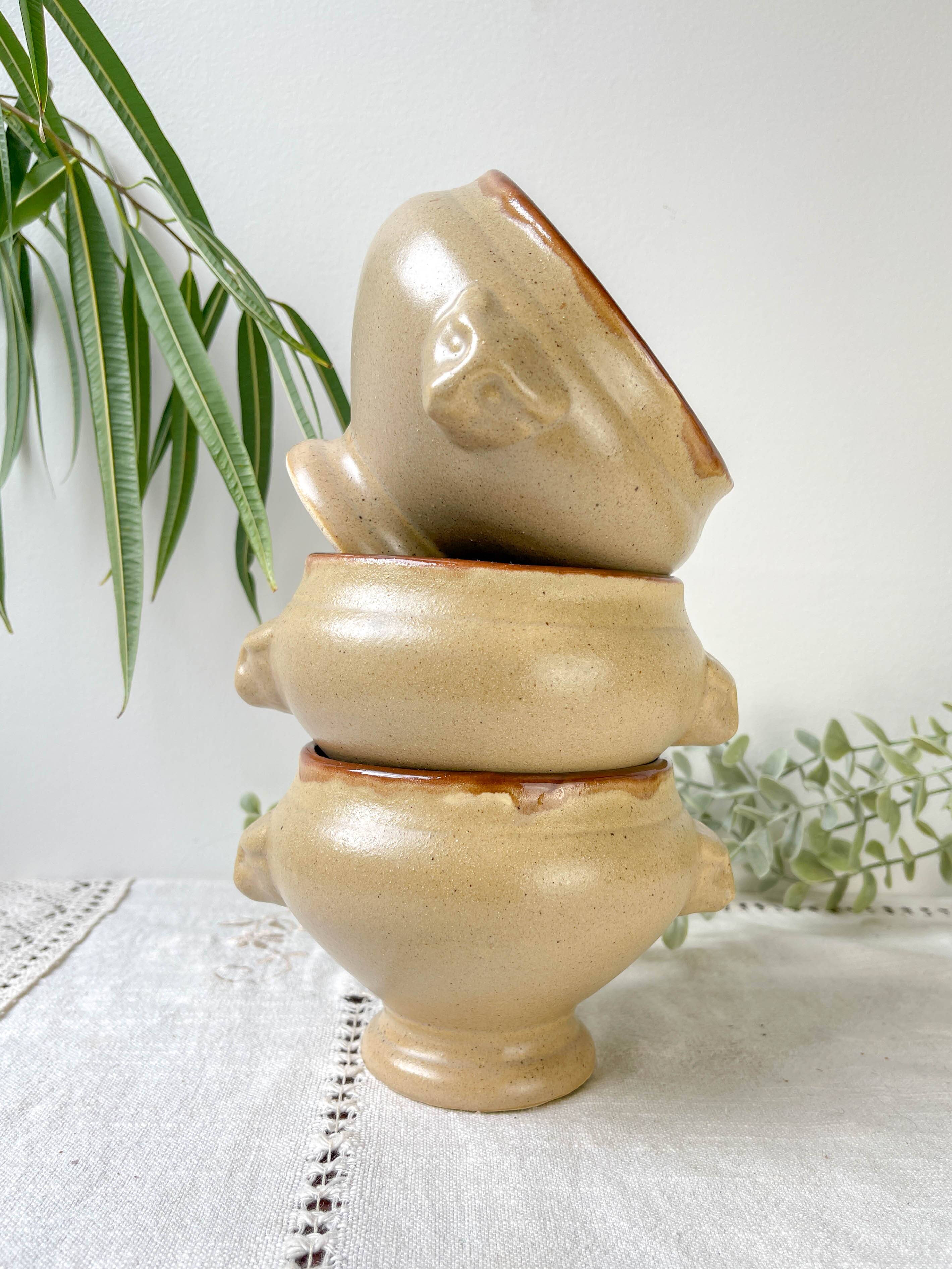 6 Vintage Emile Henry Ceramic Lion Head Onion Soup Bowls