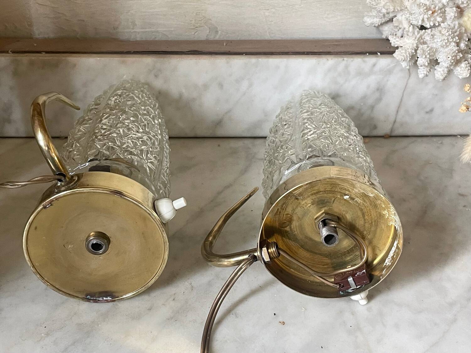 Pair of 1950s brass and glass bedside lamps
