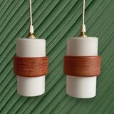 Pair of tubular opaline pendant lights