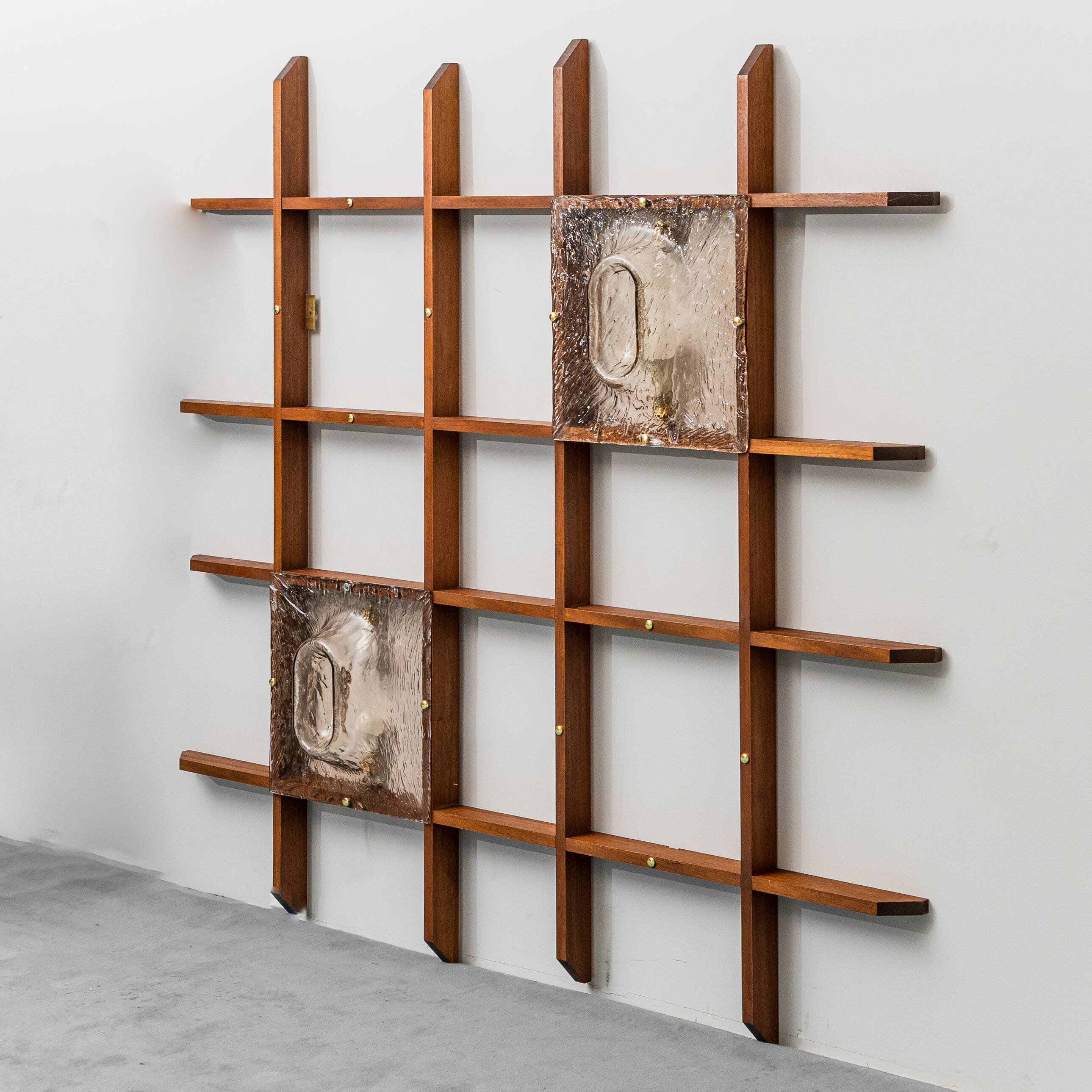 2-light wall lamp with teak grid frame mazzega 1960s vintage modern antique