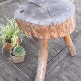 Stool low tripod log solid wood, brutalist and authentic, circa 1920