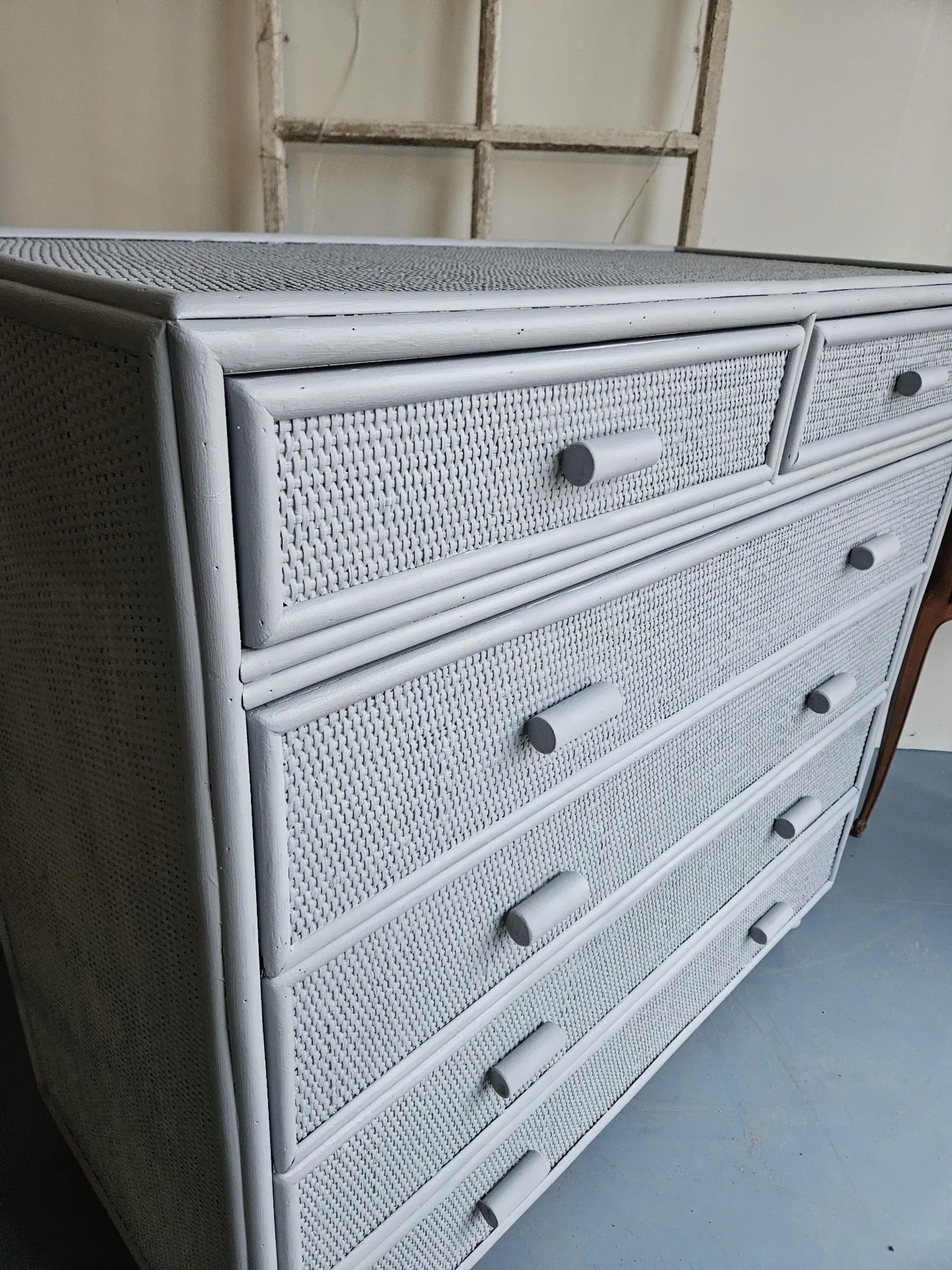 Vintage grey wood and rattan chest of drawers