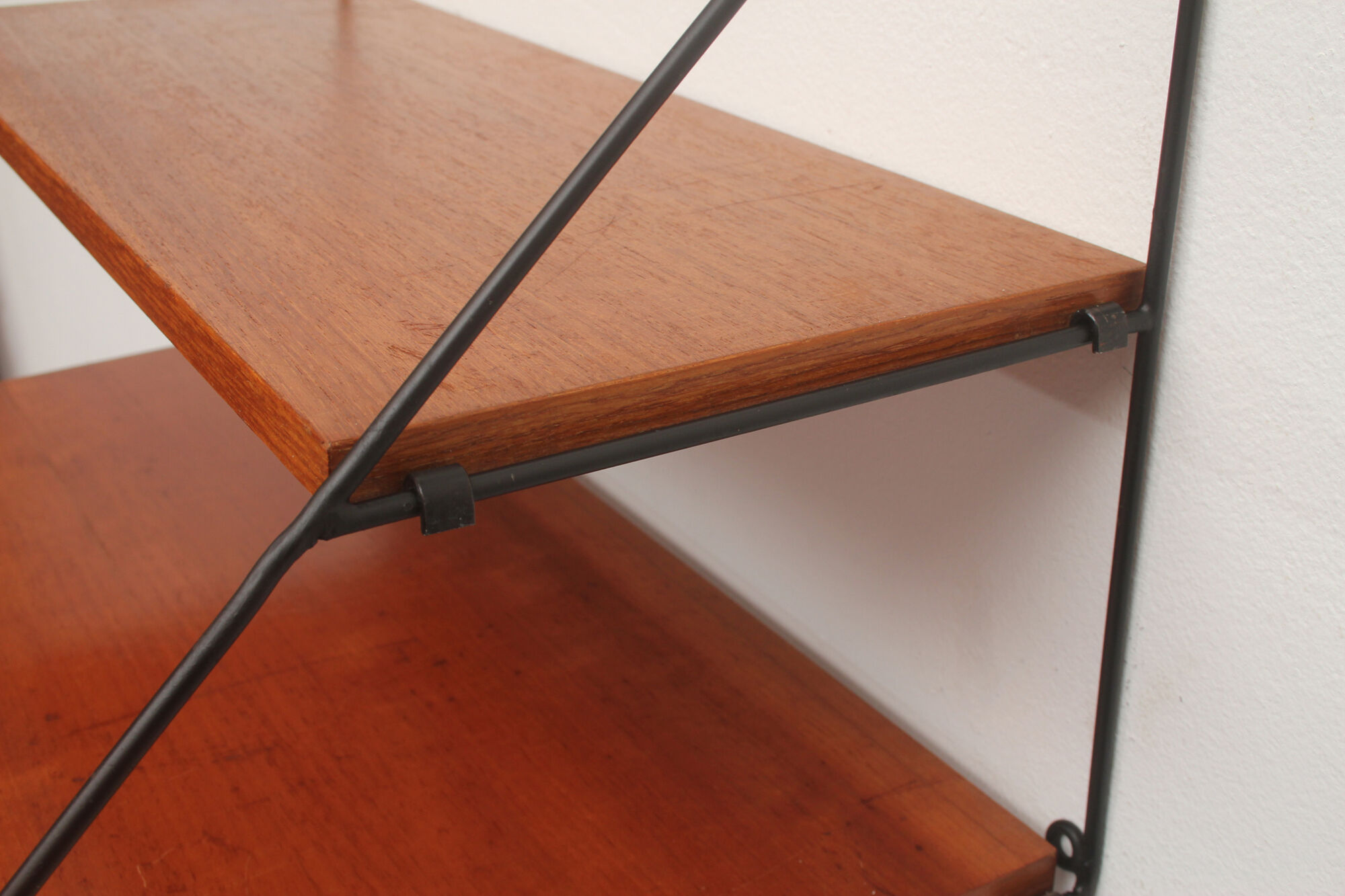 1960s triangle wall unit in teak and metal
