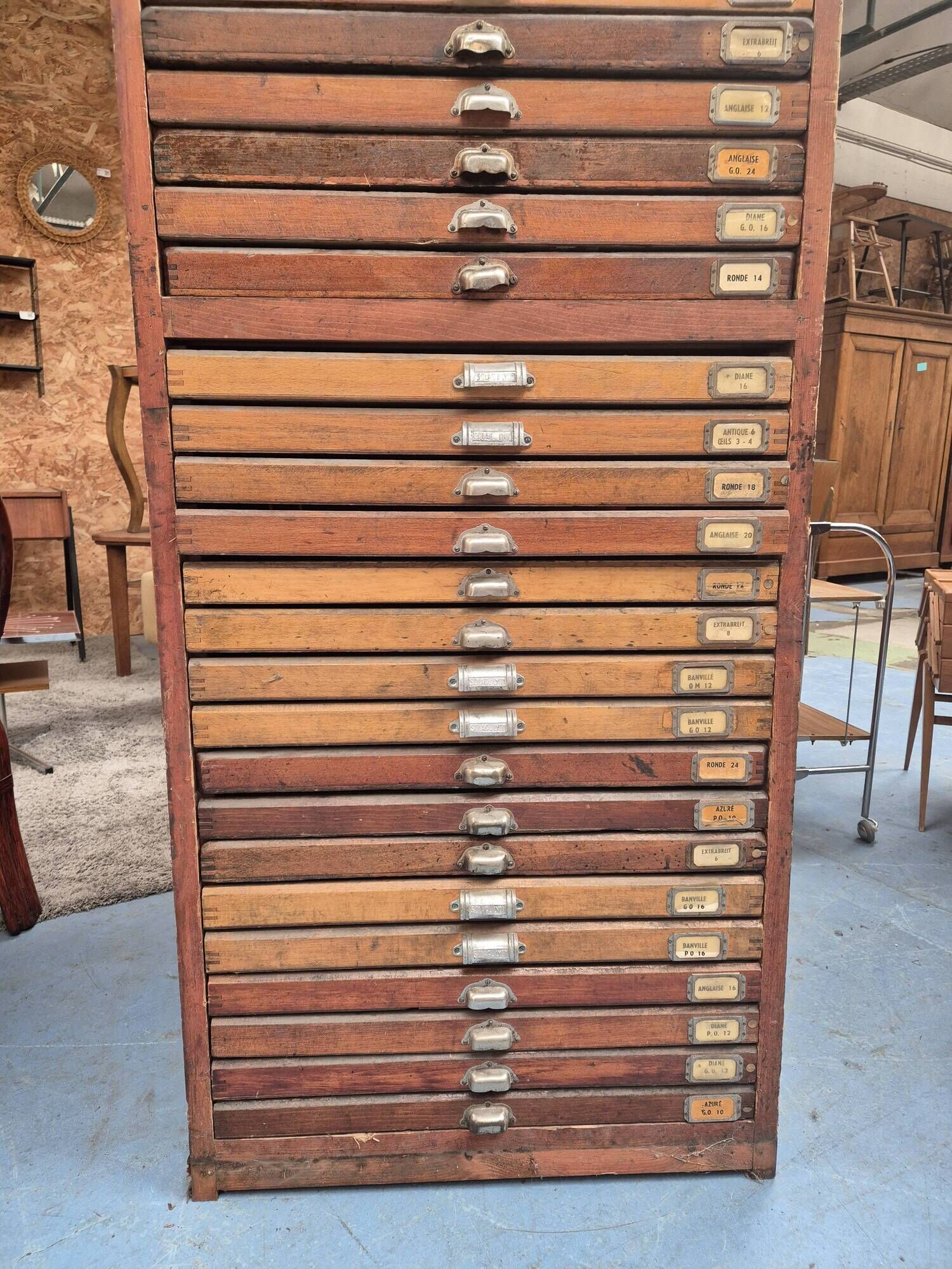 Wooden printing cabinet 36 drawers with typographic letters