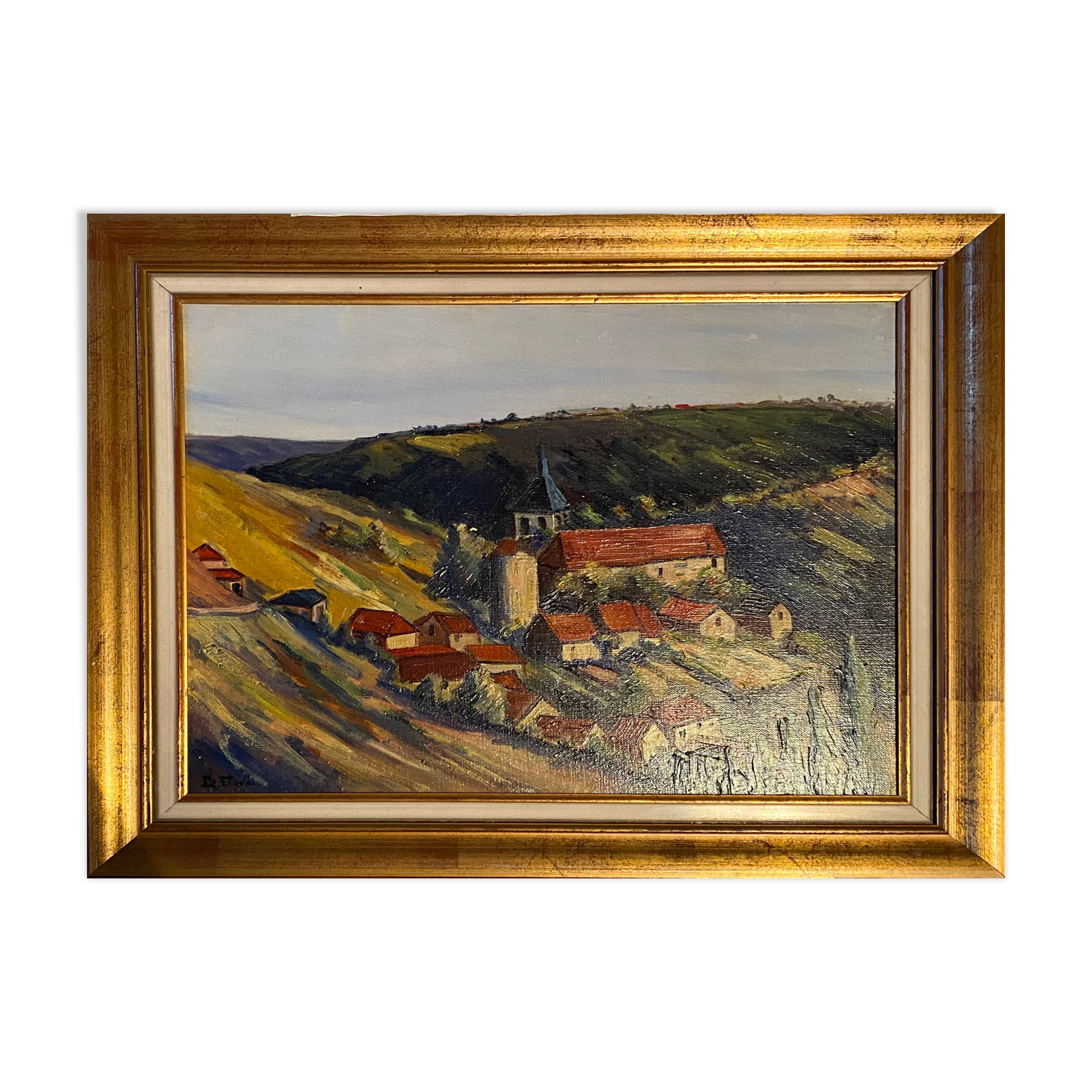 HST painting "Countryside landscape with village" signed G. Etave