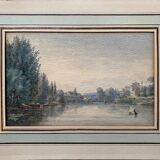 Watercolor painting 1872 "Riverside with fisherman" signed to decipher