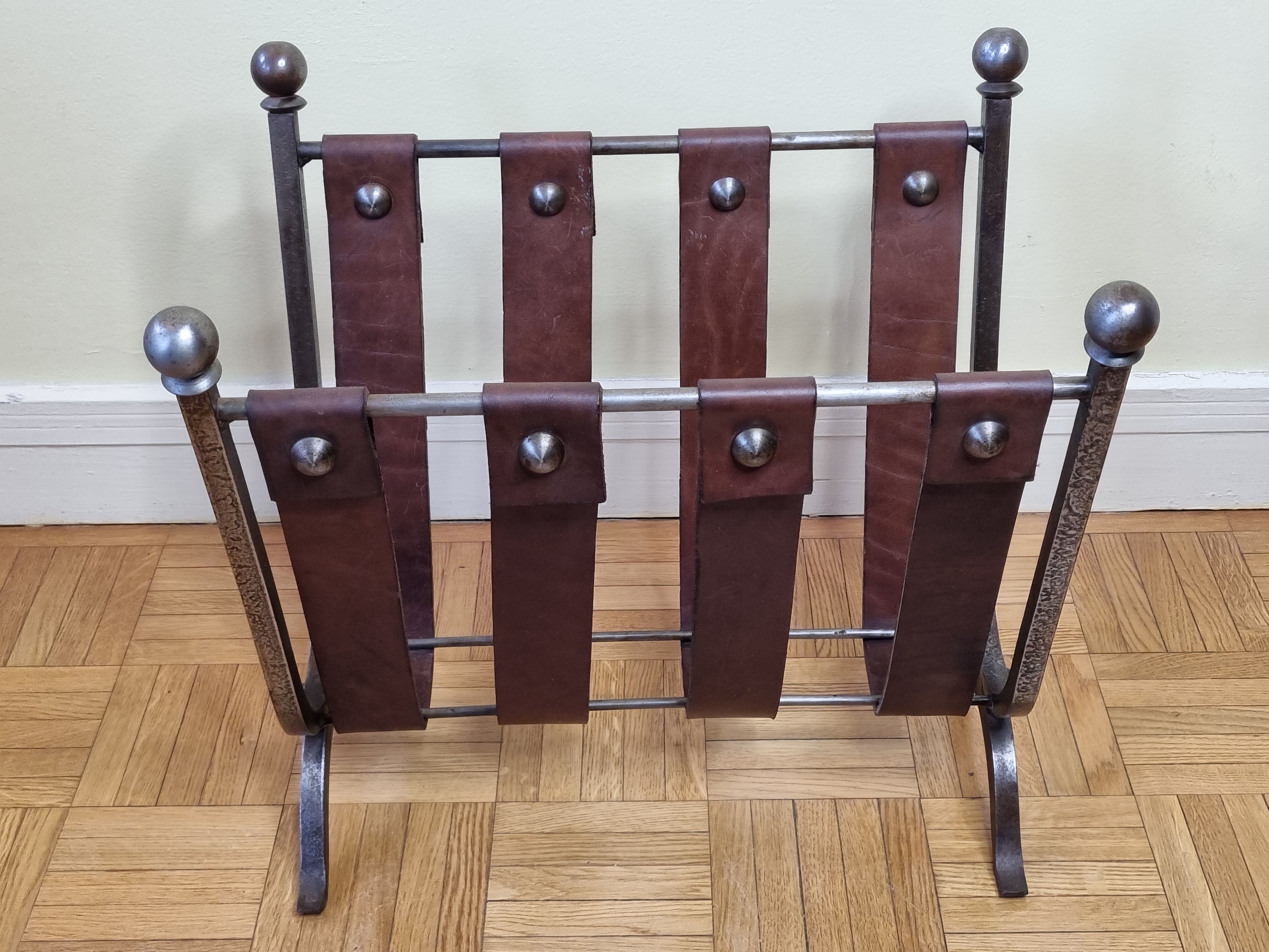 Magazine door in leather and forged metal, brutalist, 50s