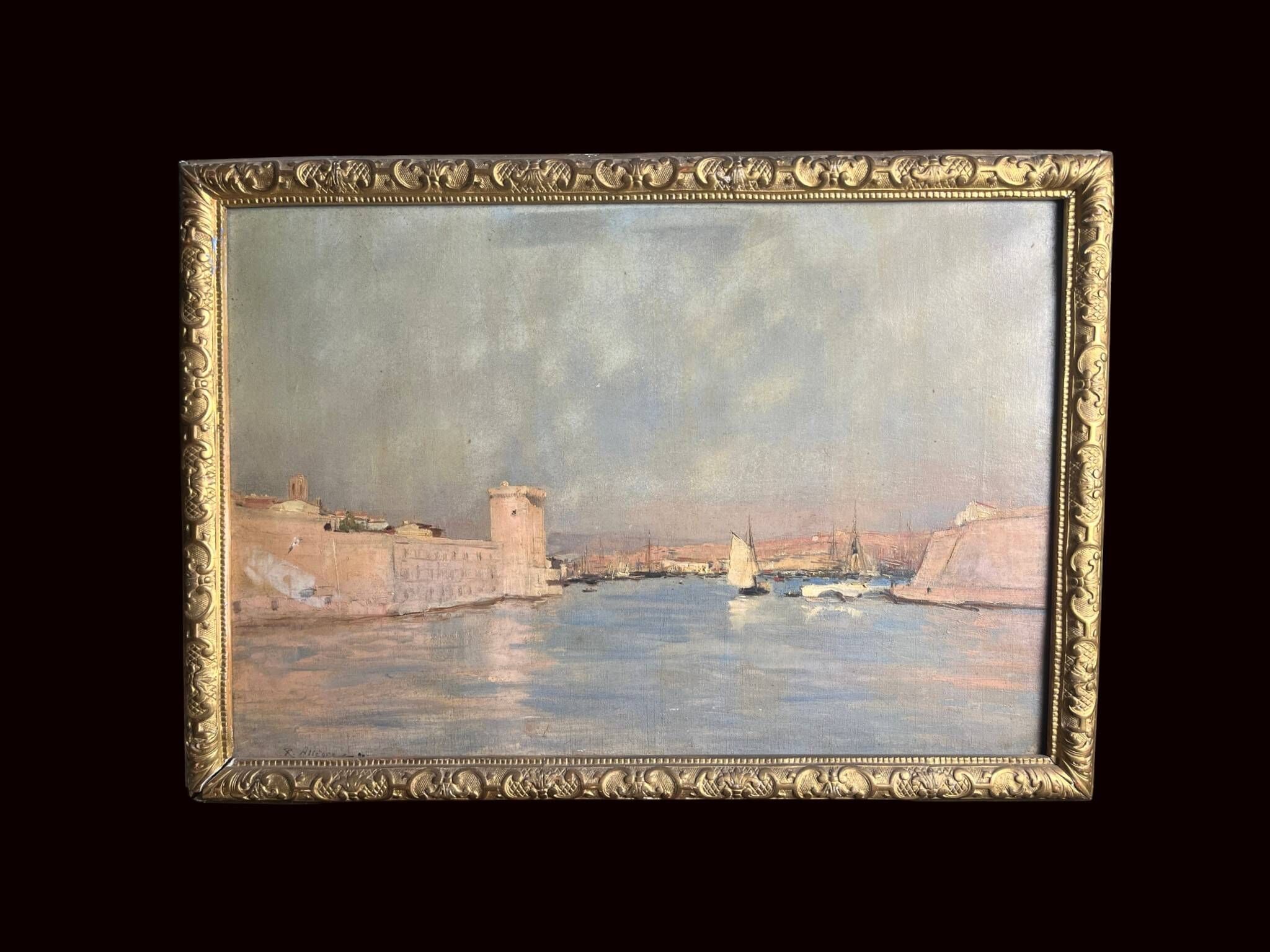 Allegre raymond, oil on canvas port of marseille signed dated 19th century