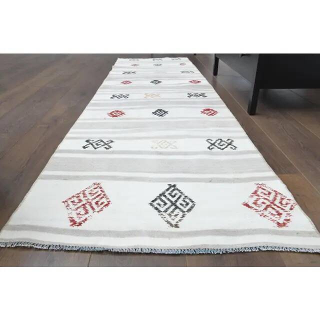 Vintage Turkish Hand-Knotted Wool Cotton White Runner Rug 70x242