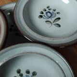 Soup plates, beige stoneware with gray/blue flower by MBFA Pornic model Fanchon, set of 6