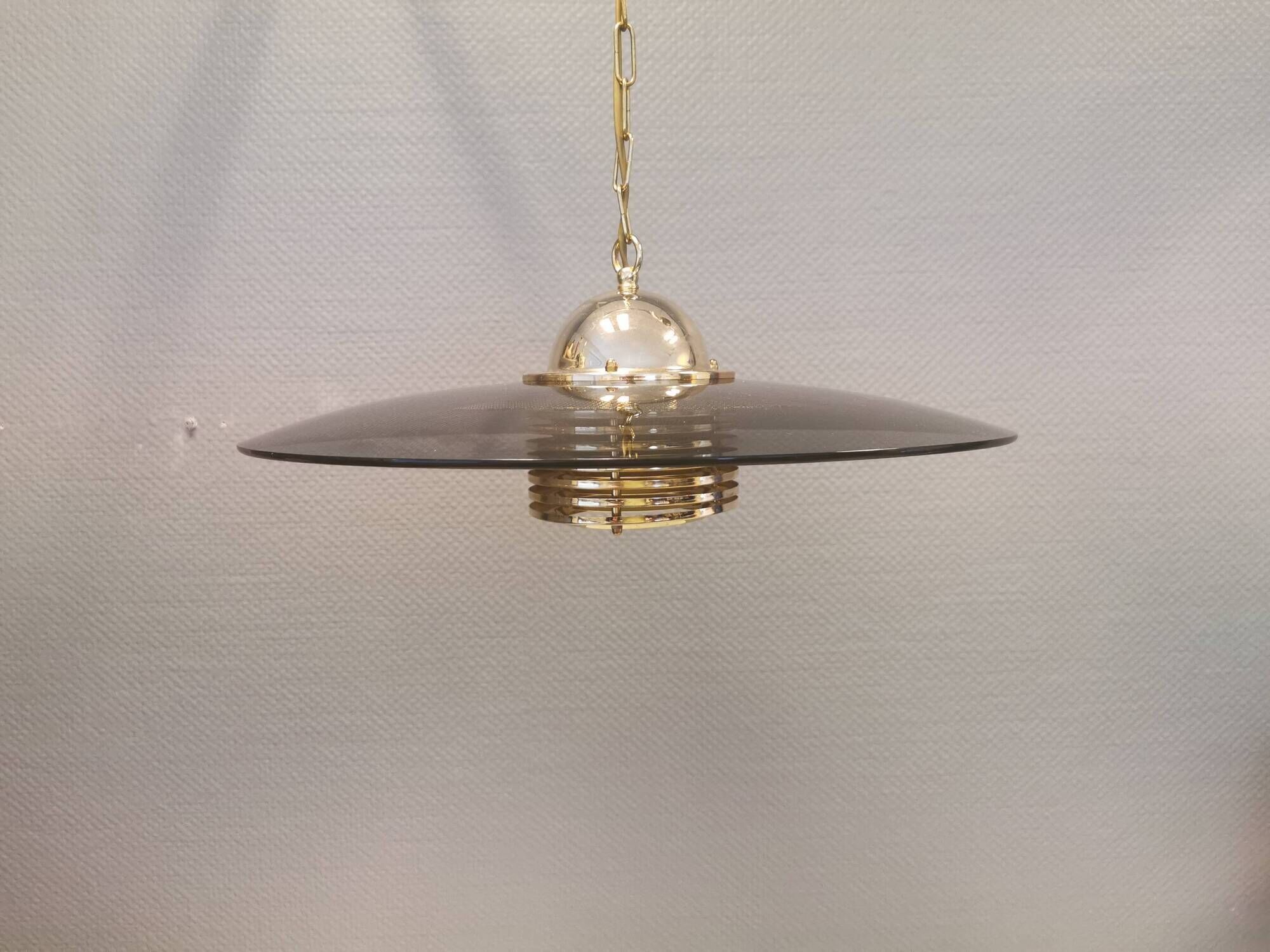 Original Belid T 391 pendant light in gold-coloured metal and smoke-coloured glass