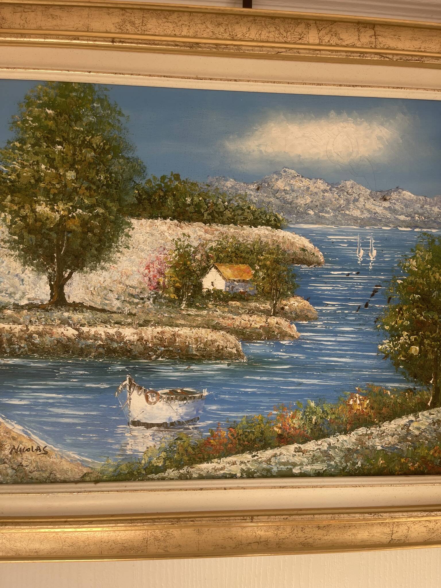 Old Oil Painting Canvas Sun Boat Sea Provence Sailor 50x40