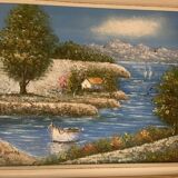 Old Oil Painting Canvas Sun Boat Sea Provence Sailor 50x40