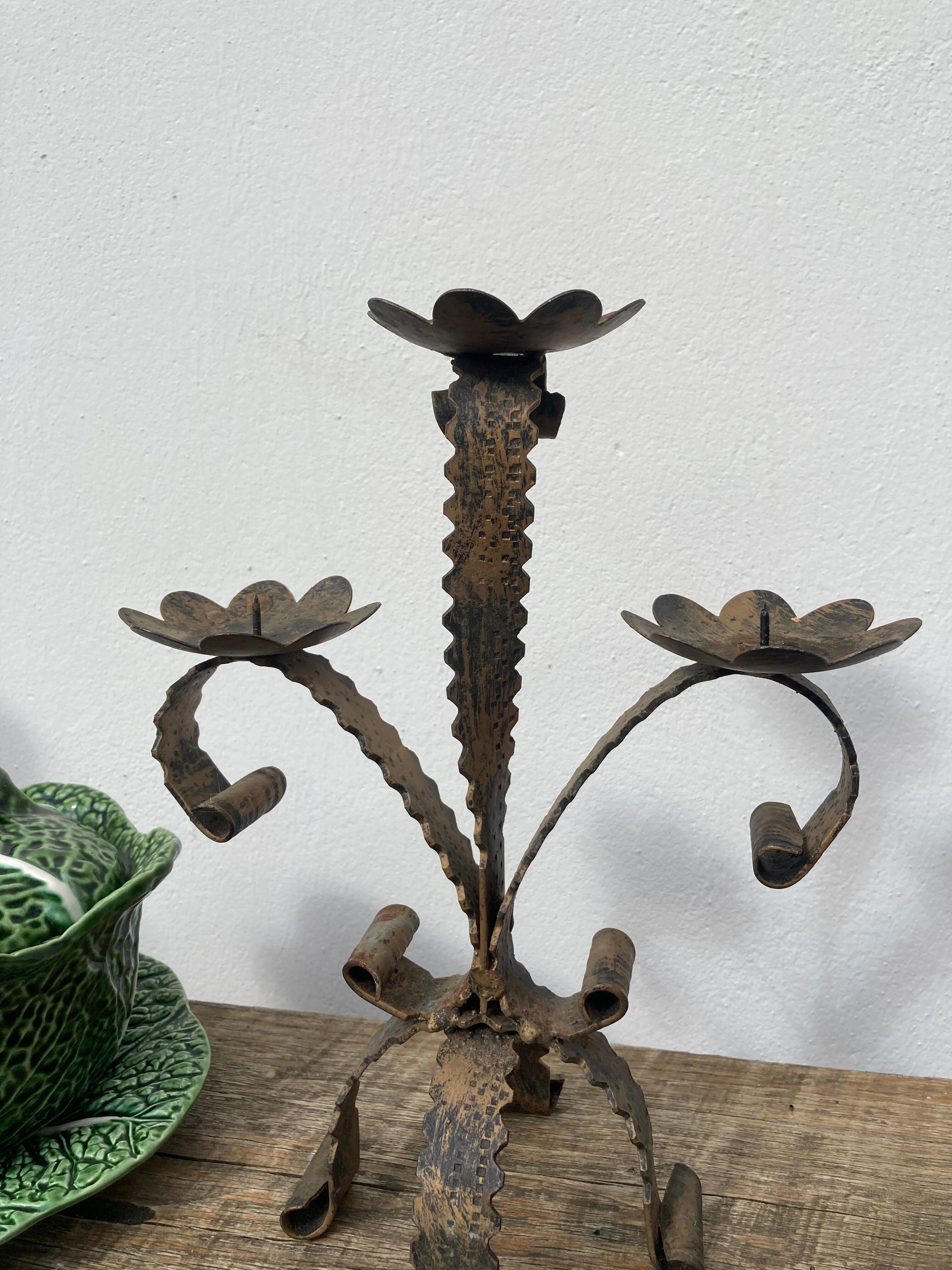 Brutalist candle holder folk art - wrought iron candlestick