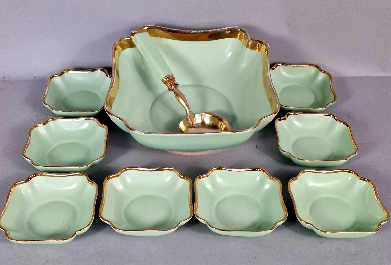Antique Limoges green & gold porcelain dessert / cream service C593