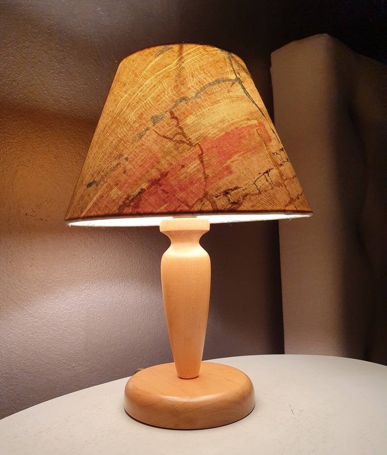 Wooden table lamp with fabric lampshade 1980