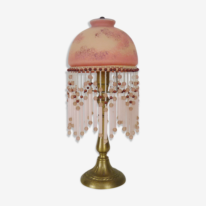 Lampe de table rose moucheté et perles en verre et bois, années 70 | Selency