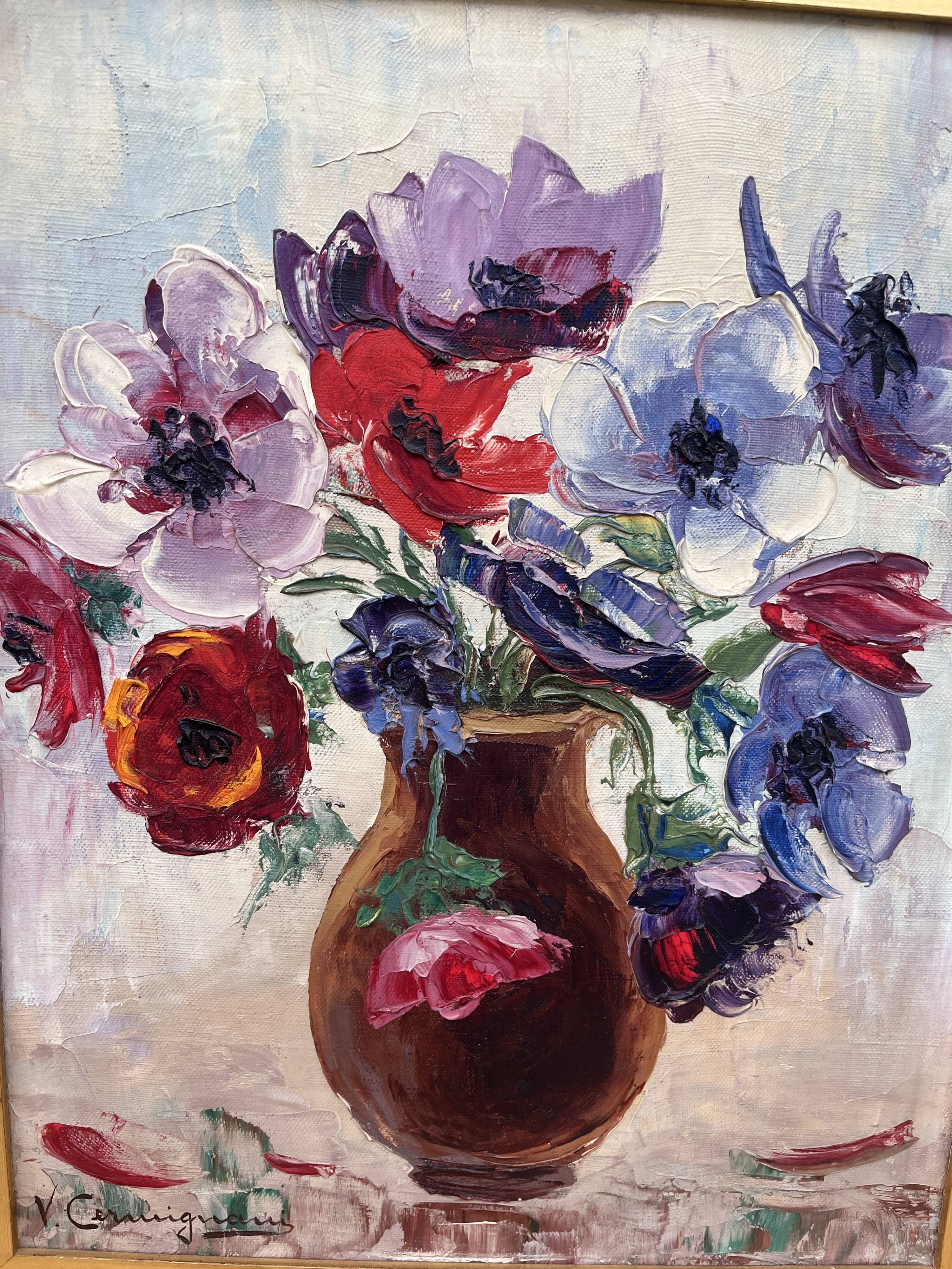 Vintage painting – Oil on canvas flower bouquet – signed – 1950s