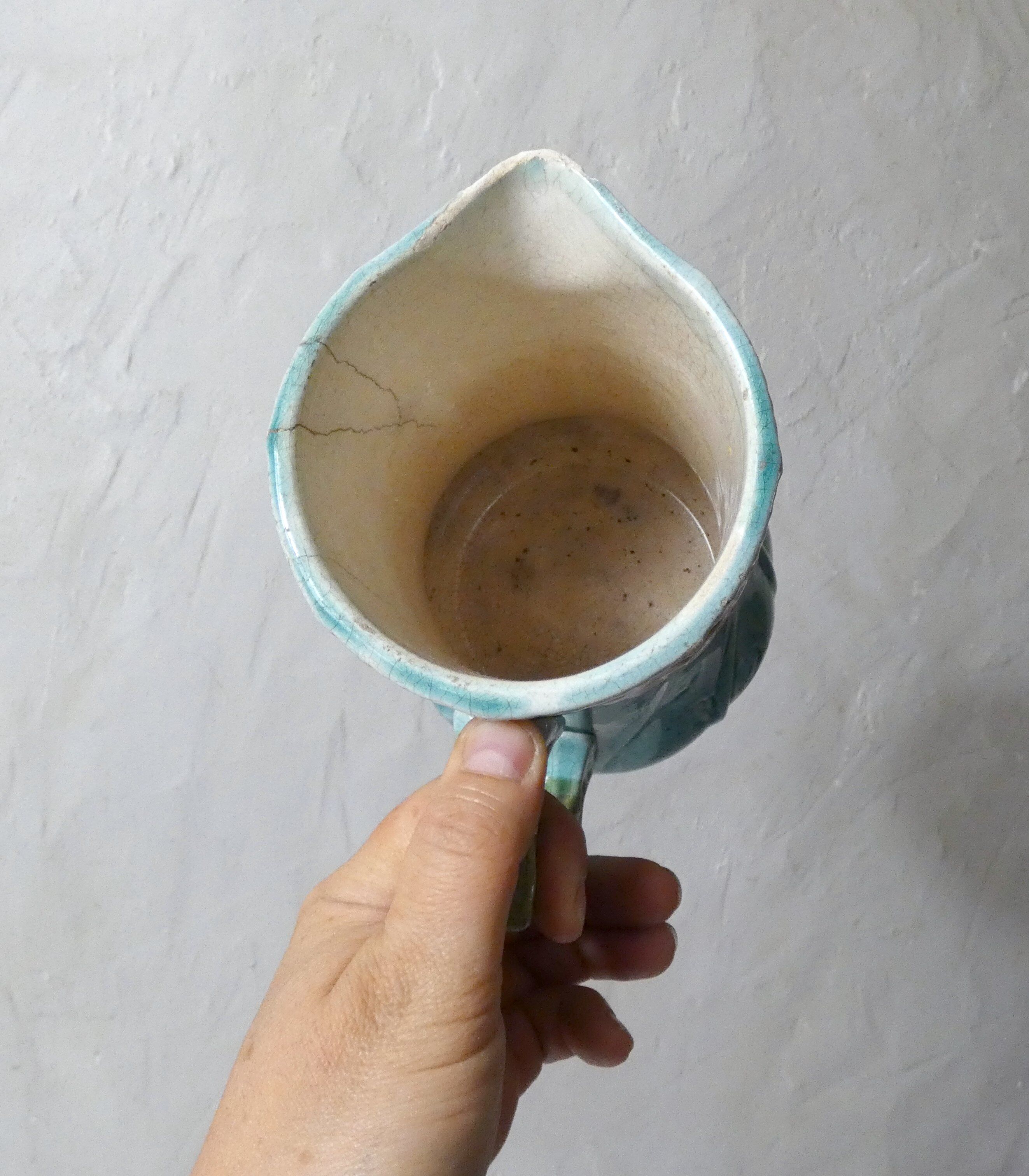 Antique Art Deco turquoise flowered slipware jug vase