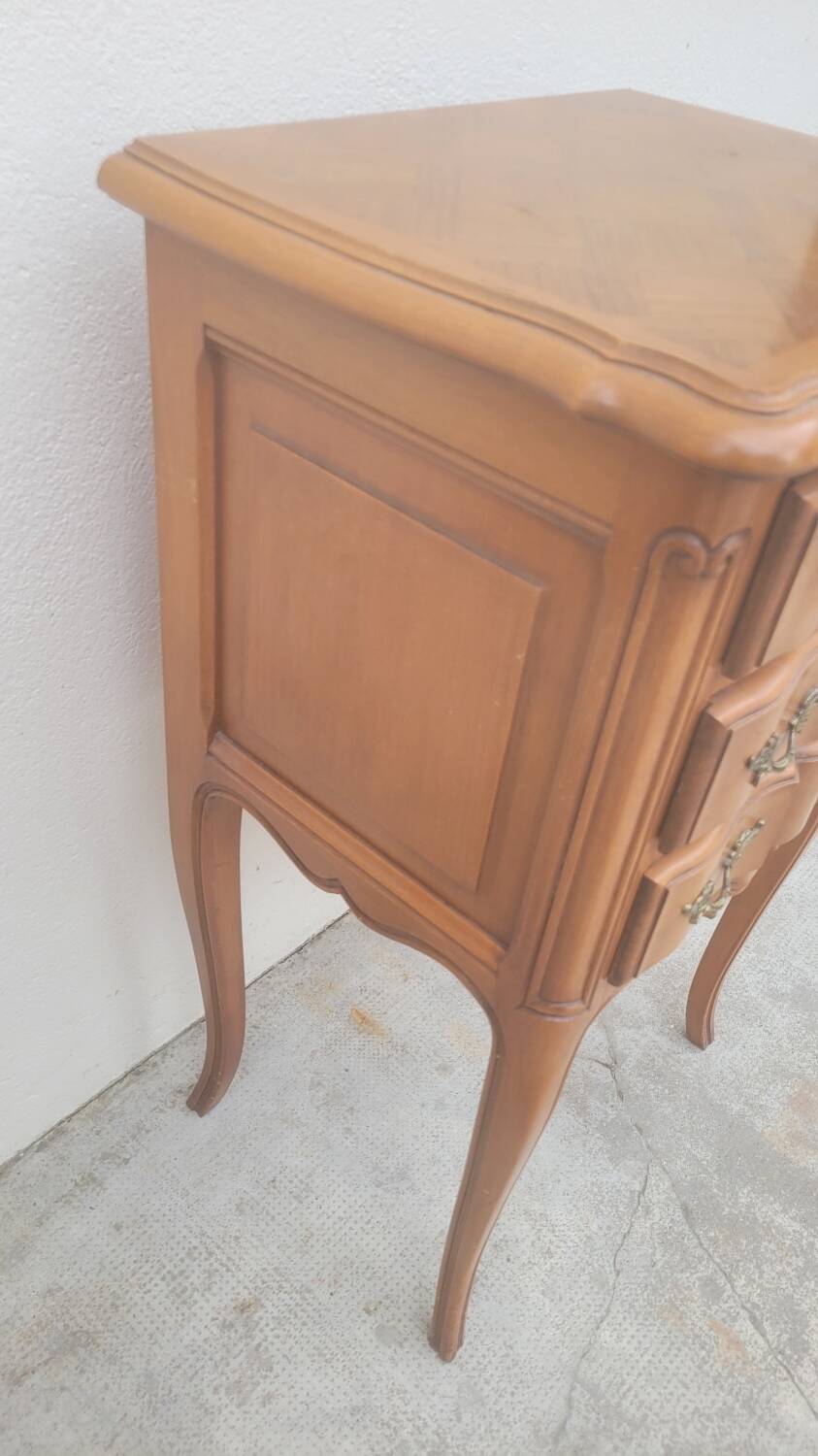 Pair of Louis xv style bedside tables in cherry wood, 3 drawers