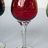 Set of 3 colored wine glasses - Ruby, red, green, gold and twisted foot