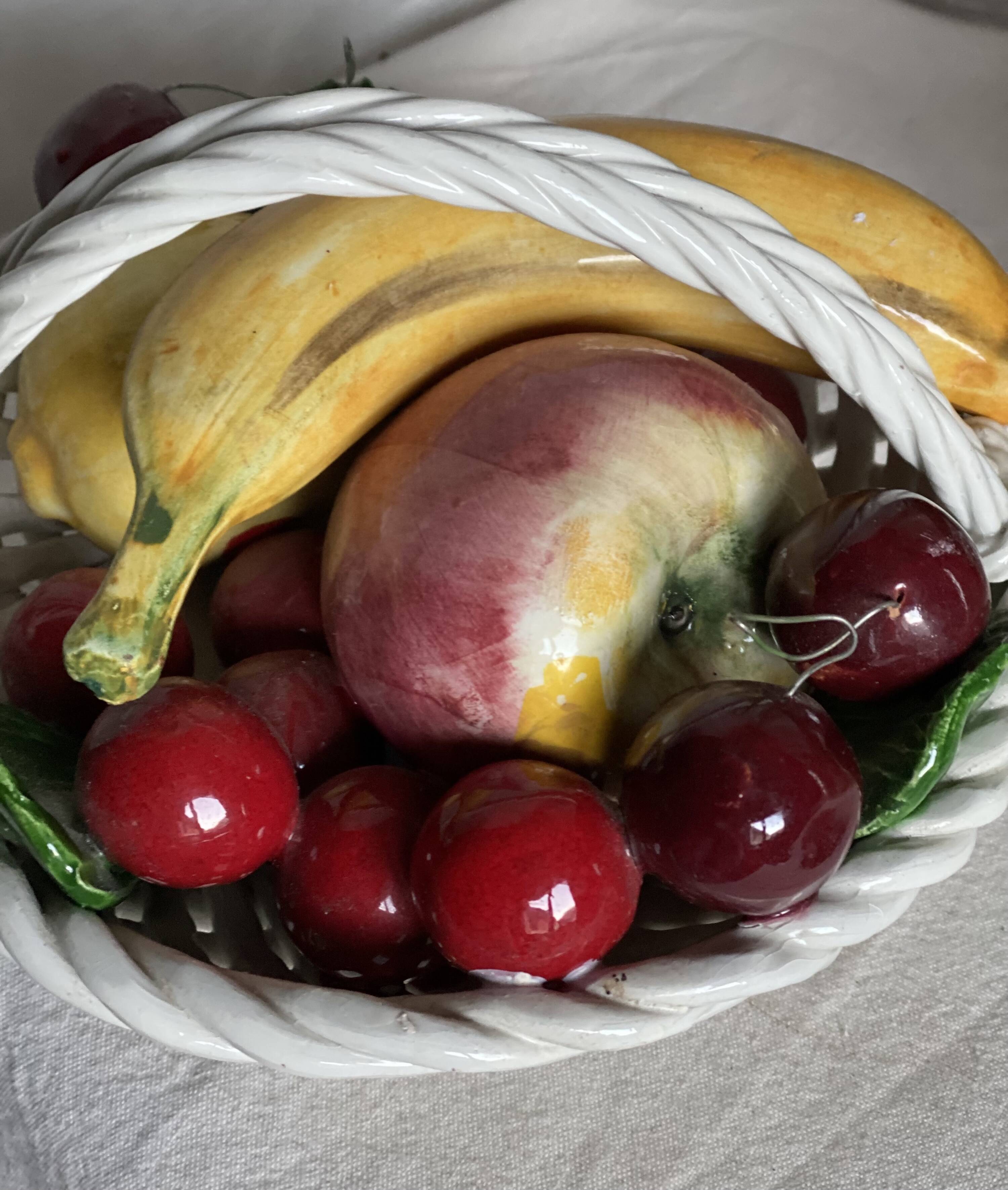 Vintage 1960s Trompe-l'Œil Fruit Basket in Woven Ceramic with Slipware