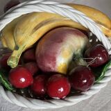 Vintage 1960s Trompe-l'Œil Fruit Basket in Woven Ceramic with Slipware