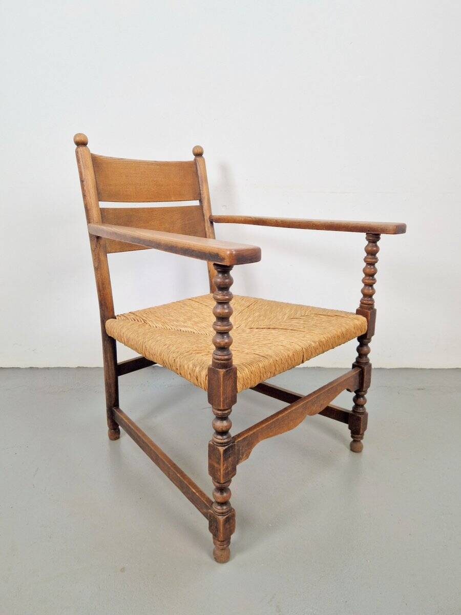 Vintage Dutch Bobbin Armchair in Oak and Rush, 1930s