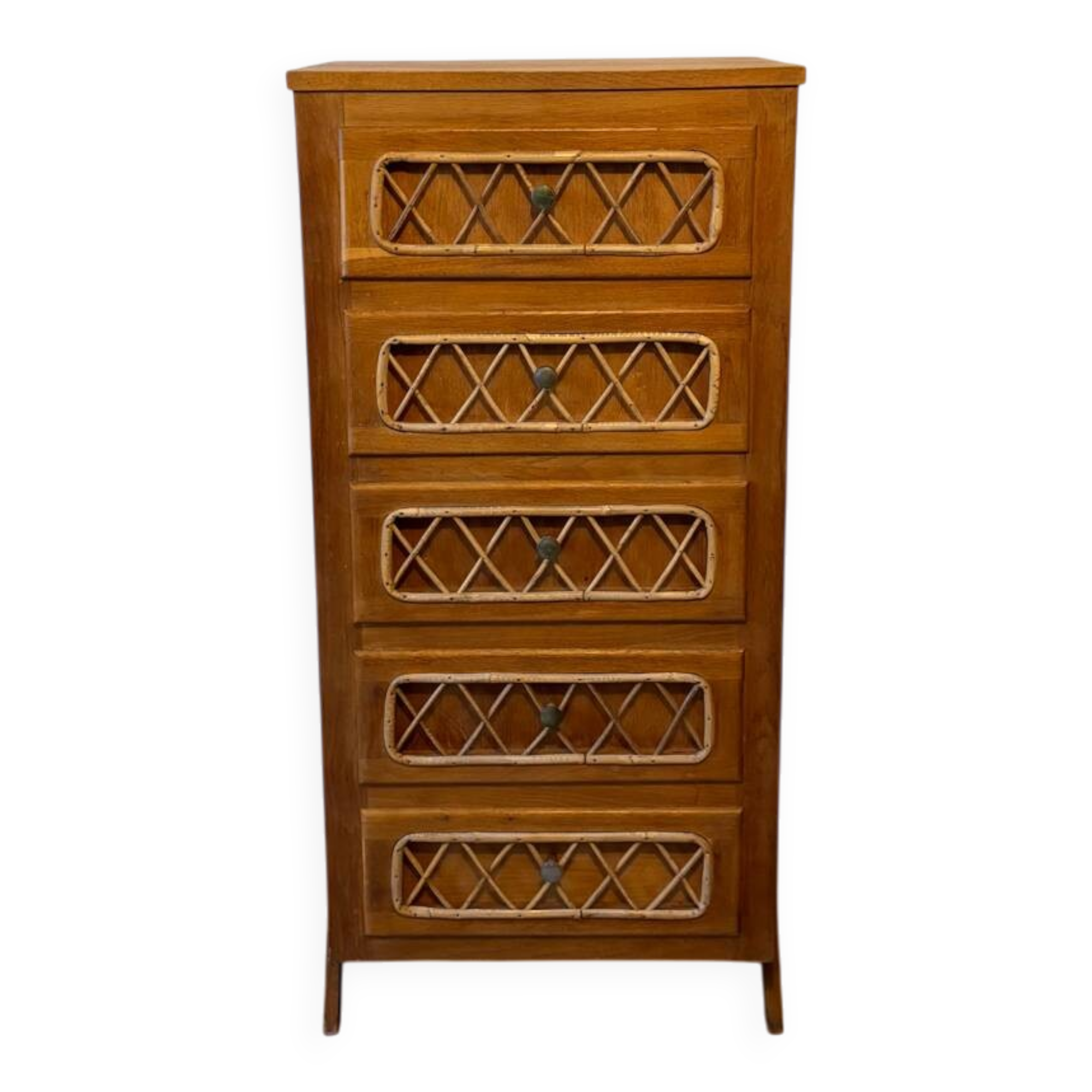 Vintage oak and rattan chest of drawers