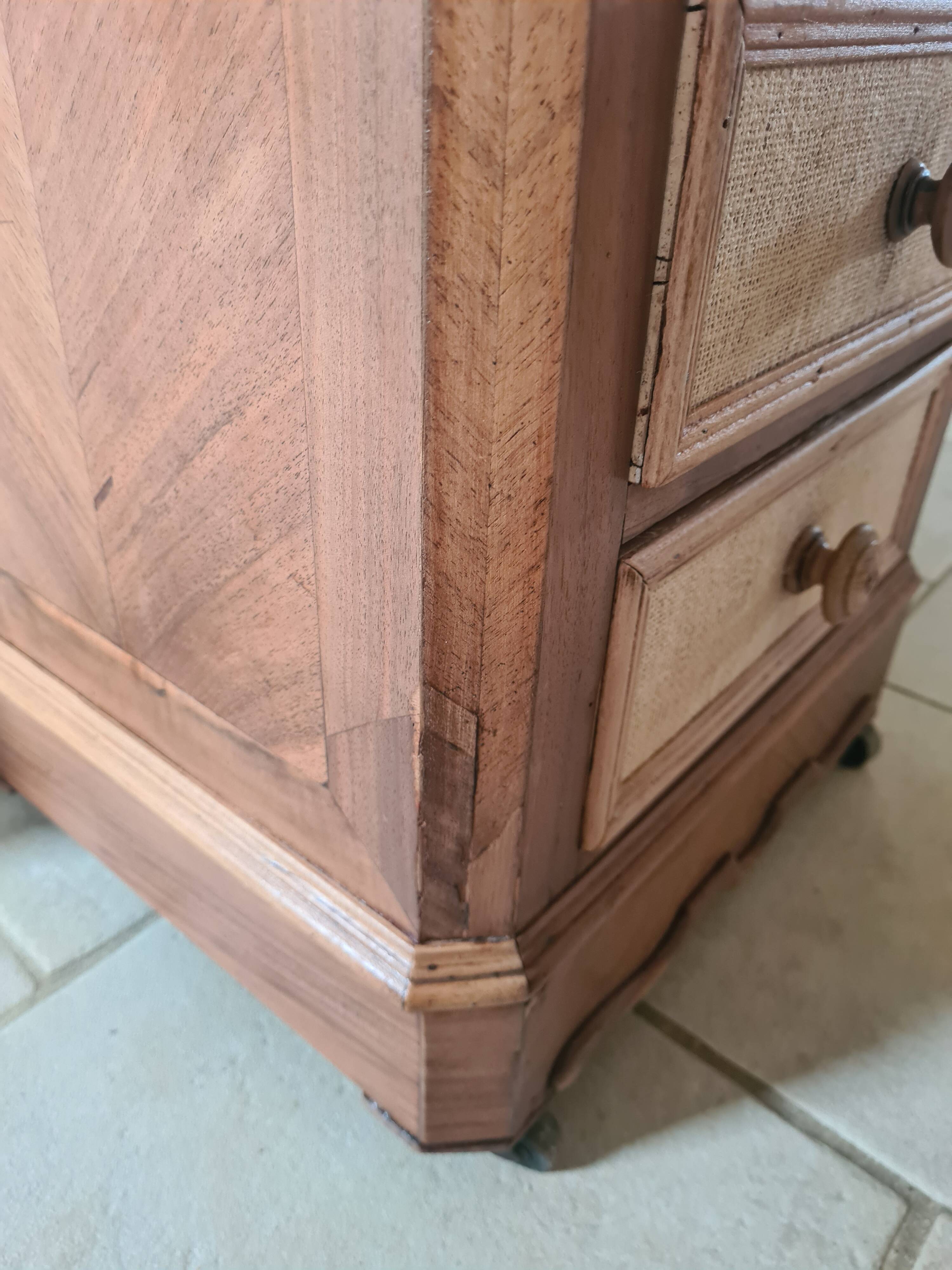 Nightstand in walnut and jute fabric, 1900