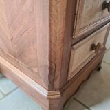 Walnut and burlap bedside table, 1900