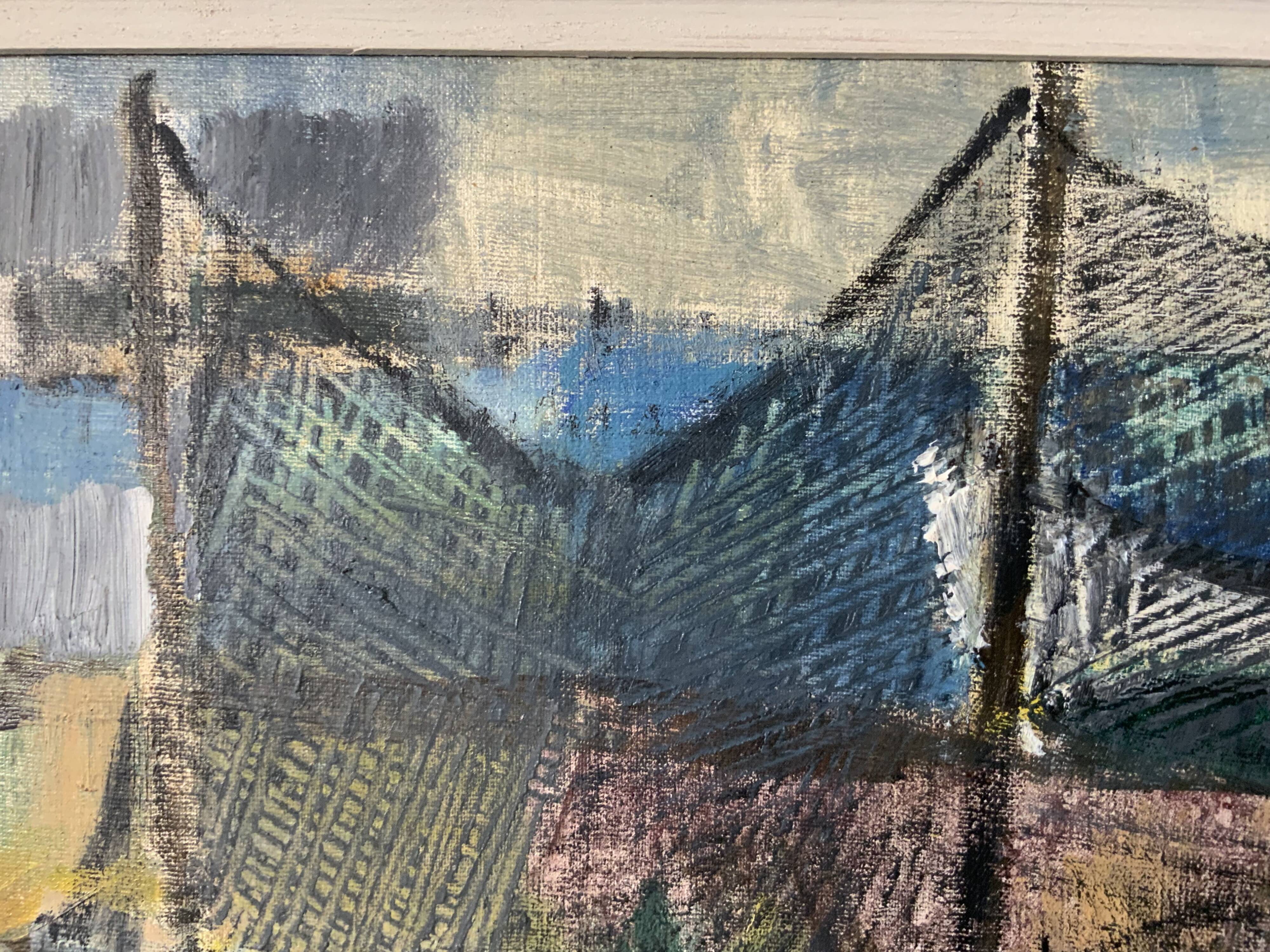 Vintage Oil Painting Fishing Village Scene 1950s