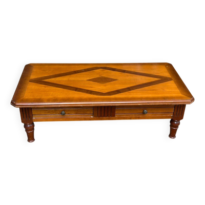 Table basse coloniale en bois massif avec 2 tiroirs